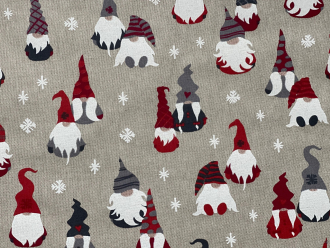 Lustige Wichtel, Witziger Weihnachtsstoff, Linnenlook, Breite 140cm, Pflegeleicht