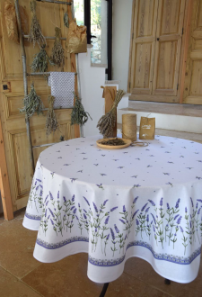 Baumwoll Tischdecke wei mit Lavendel, rund ca. 177 cm