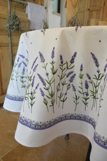 Baumwoll Tischdecke wei mit Lavendel, rund ca. 177 cm