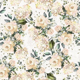 Weiße Rosen und weiße Hortensien, romantischer Stoff, Breite 140 cm, Pflegeleicht