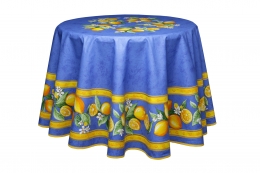 Provencetischdecke Menton, blau mit Zitronen, rund 180 cm Baumwolle