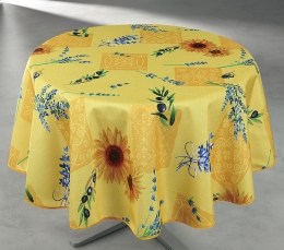 Provencetischdecke, rund 160cm  Outdoordecke, Luberon, gelb mit Sonnenblumen u. Lavendel, Enduit