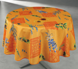 Provencetischdecke, rund 160cm  Outdoordecke, Luberon, Orange mit Sonnenblumen u. Lavendel, Enduit