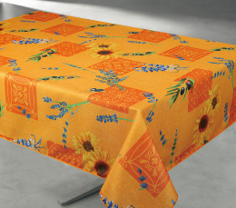 Provencetischdecke, 200x150cm  Outdoordecke, Luberon, Orange mit Sonnenblumen u. Lavendel, Enduit