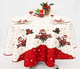 Bezaubernde Weihnachtstischdecke, rund 160 cm, weiß-rot Antitache