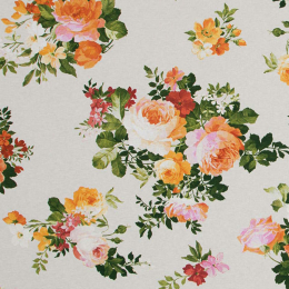 Romantische Rosen, herrlicher Rosenstoff mit roten und orangen R�schen, Breite 140 cm, pflegeleicht