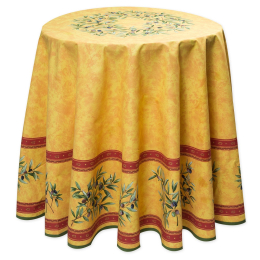 Provencetischdecke Maussane gelb-cotto Oliven, beschichtete Baumwolle, rund 180cm